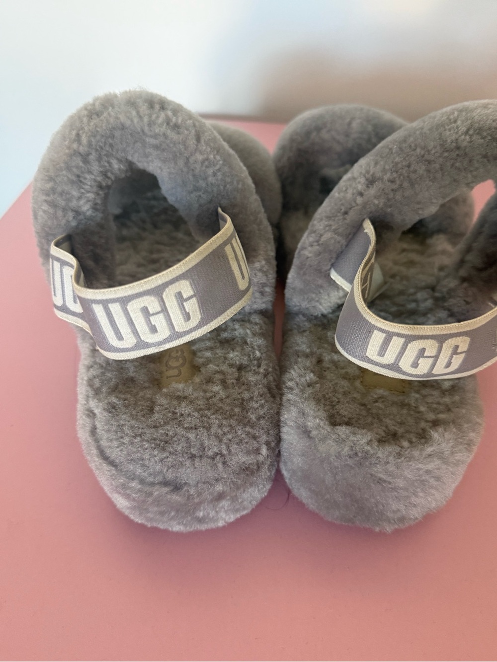 UGG Kids Gray Plush Slide Sandals with Branded Elastic Strap
